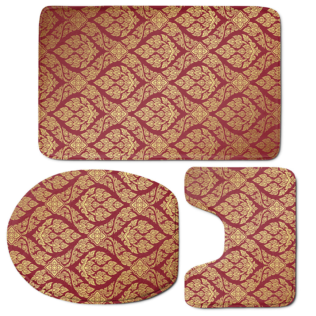 Gold And Red Thai Pattern Print 3 Piece Bath Mat Set