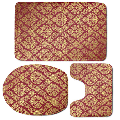 Gold And Red Thai Pattern Print 3 Piece Bath Mat Set