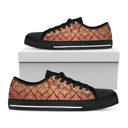 Gold And Red Thai Pattern Print Black Low Top Shoes
