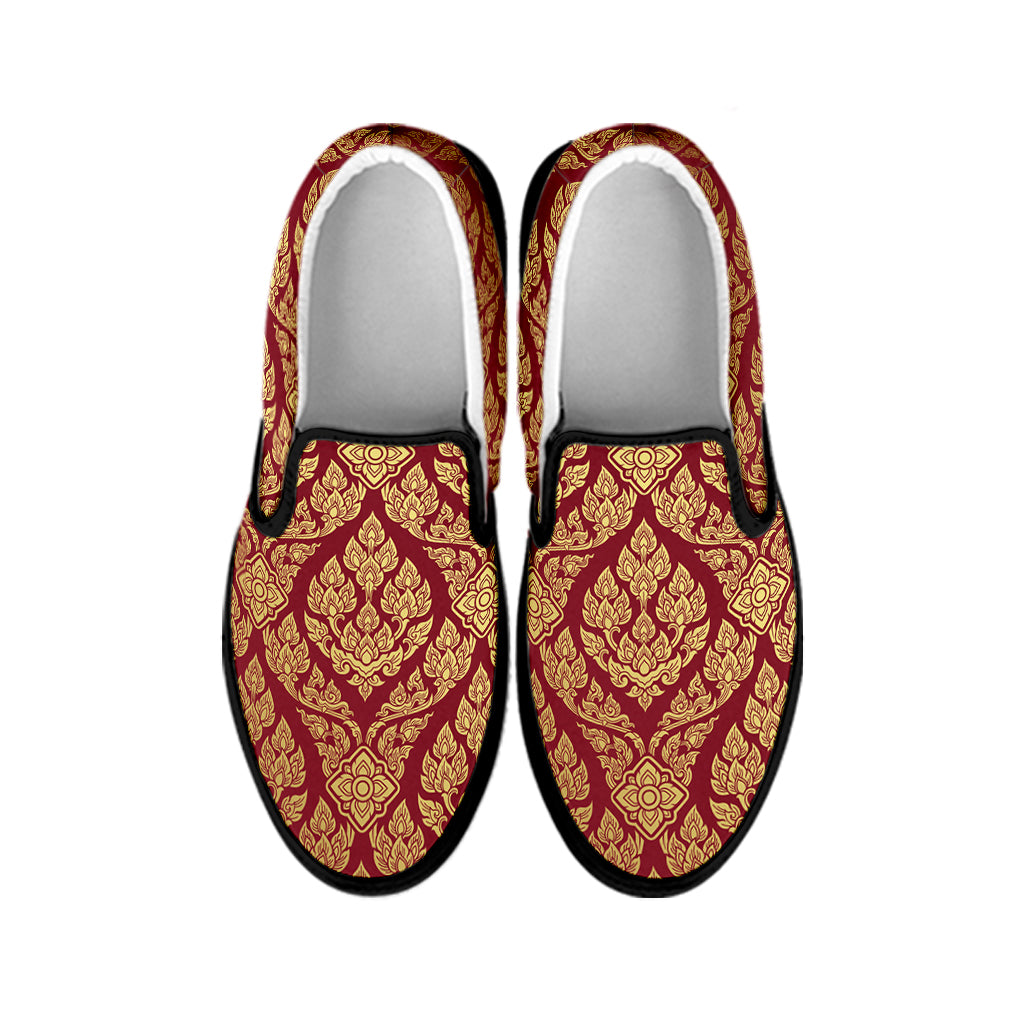Gold And Red Thai Pattern Print Black Slip On Shoes
