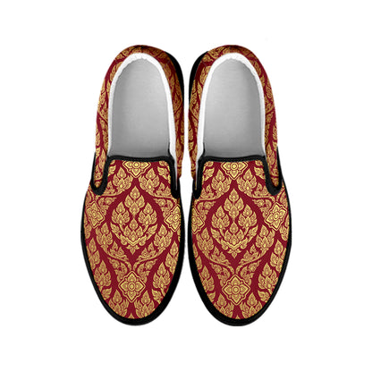 Gold And Red Thai Pattern Print Black Slip On Shoes