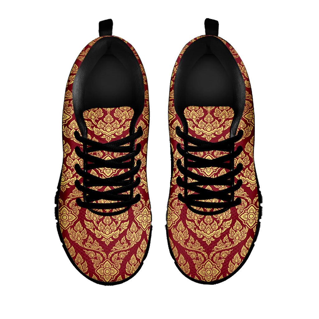 Gold And Red Thai Pattern Print Black Sneakers