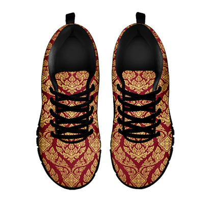 Gold And Red Thai Pattern Print Black Sneakers