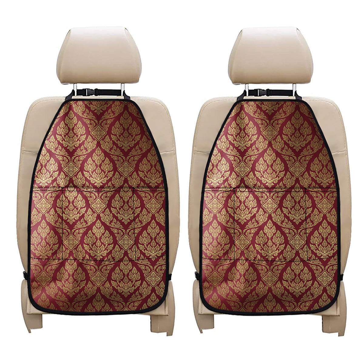 Gold And Red Thai Pattern Print Car Seat Organizers