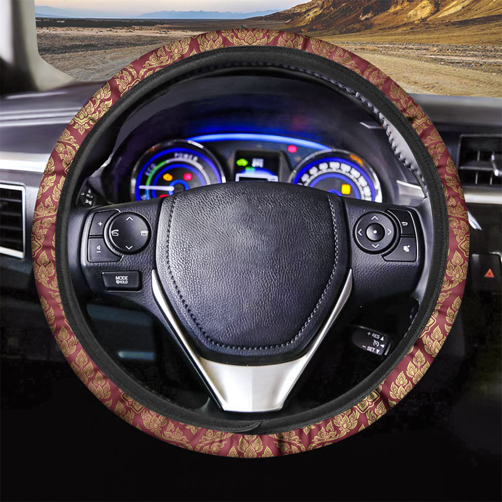 Gold And Red Thai Pattern Print Car Steering Wheel Cover