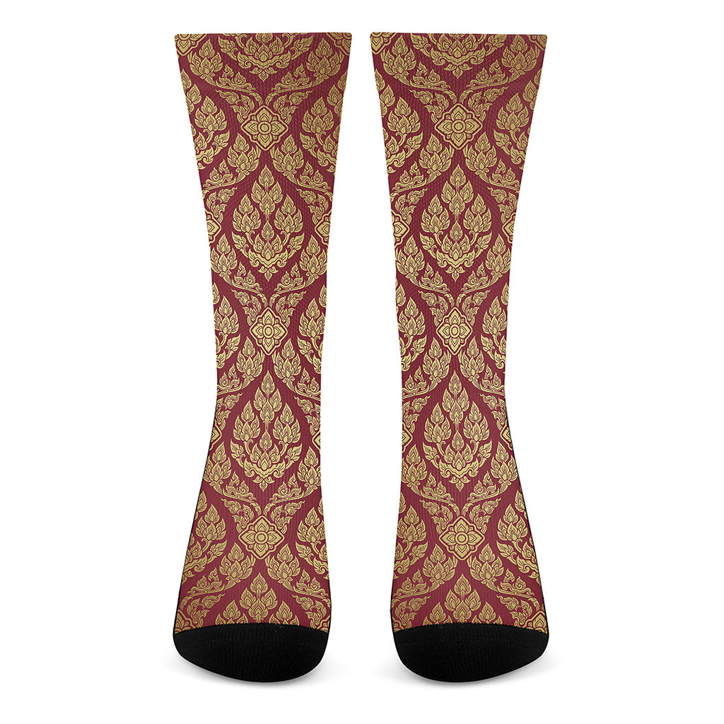 Gold And Red Thai Pattern Print Crew Socks