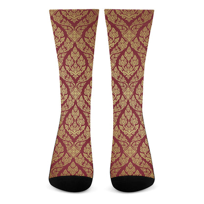 Gold And Red Thai Pattern Print Crew Socks