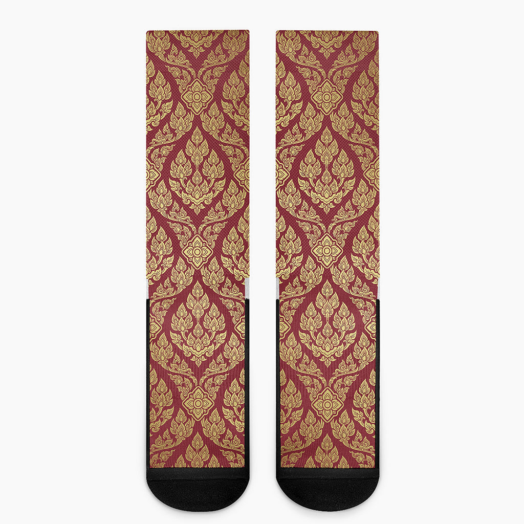 Gold And Red Thai Pattern Print Crew Socks