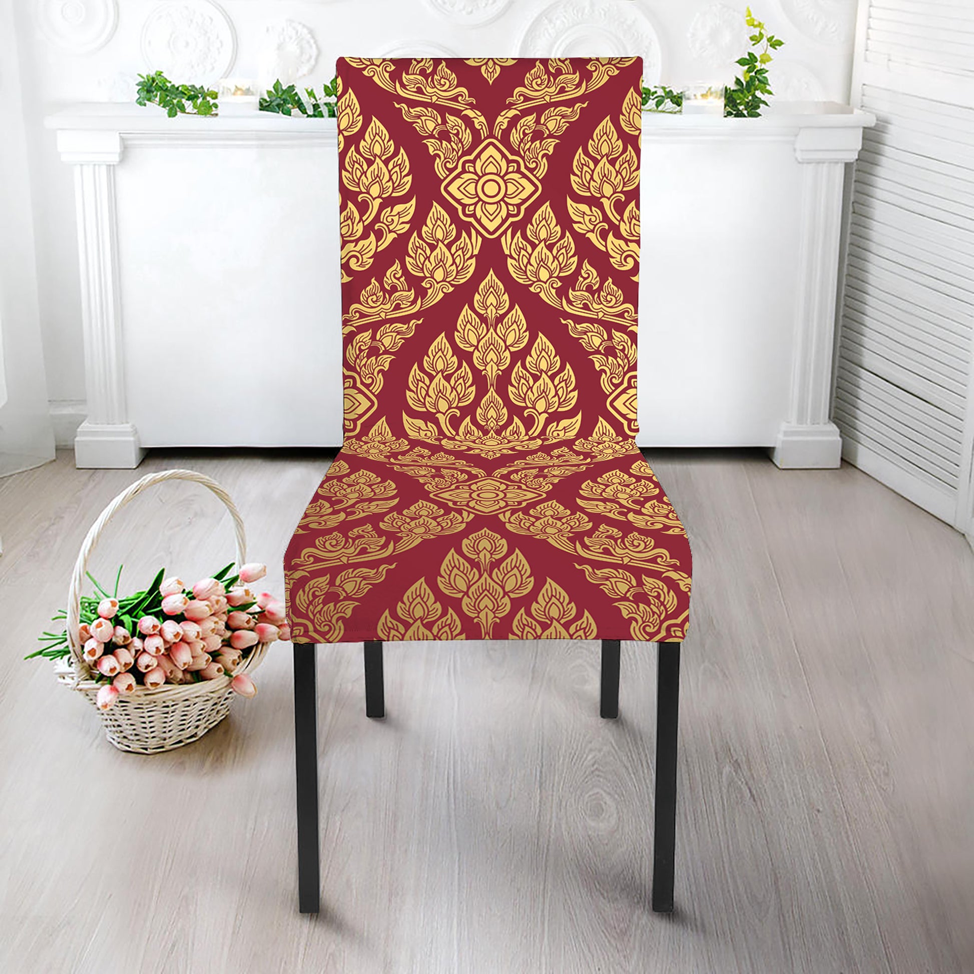 Gold And Red Thai Pattern Print Dining Chair Slipcover