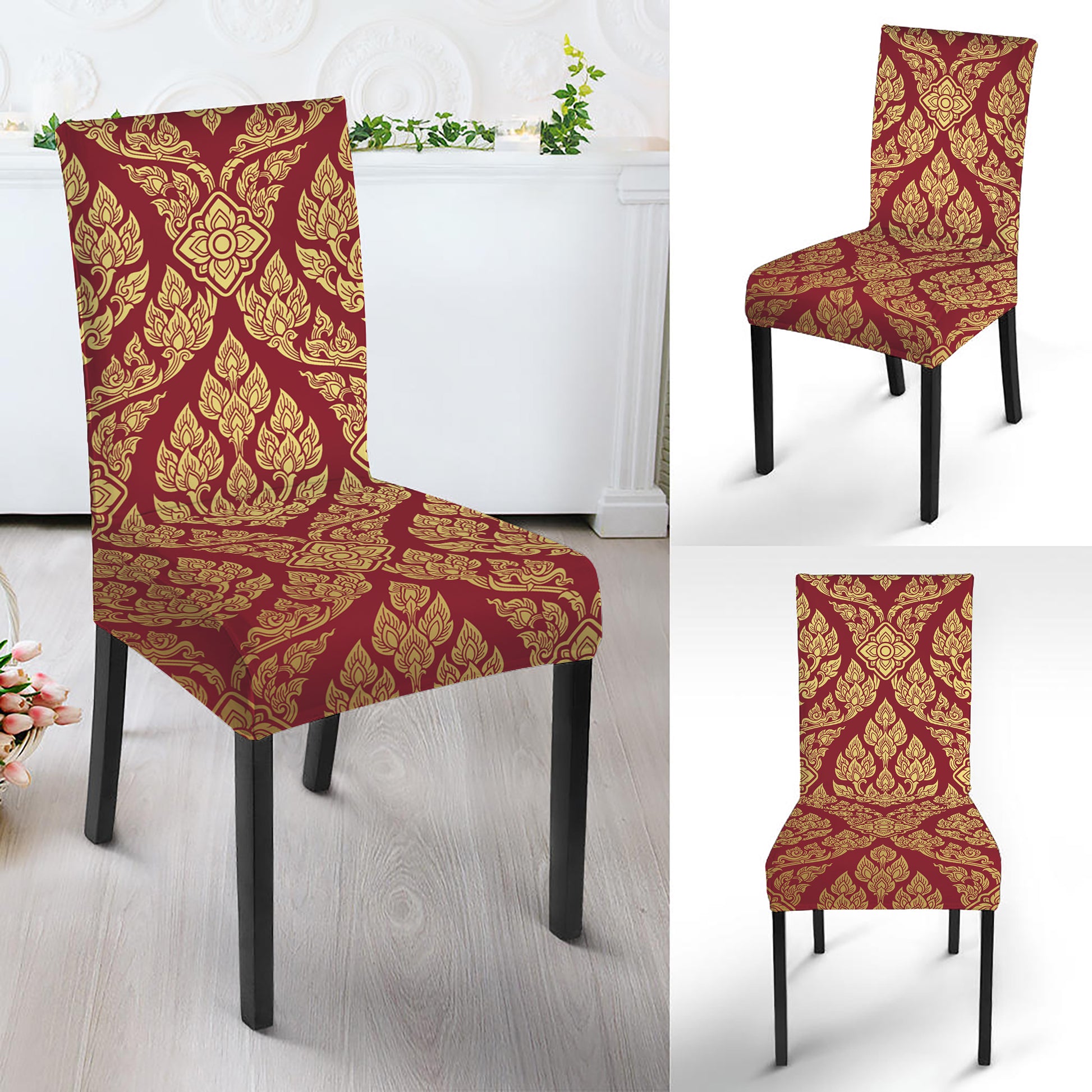 Gold And Red Thai Pattern Print Dining Chair Slipcover