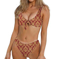 Gold And Red Thai Pattern Print Front Bow Tie Bikini