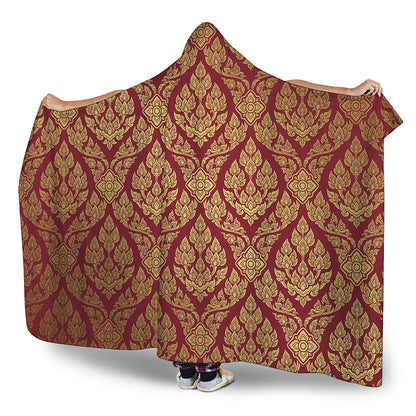 Gold And Red Thai Pattern Print Hooded Blanket