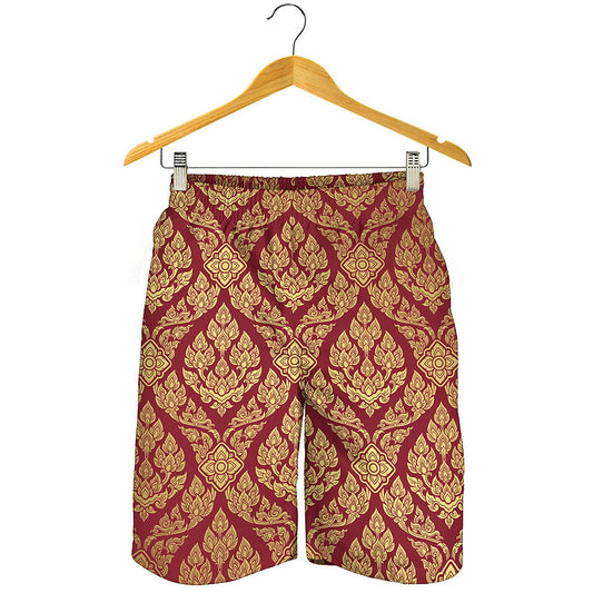 Gold And Red Thai Pattern Print Men's Shorts