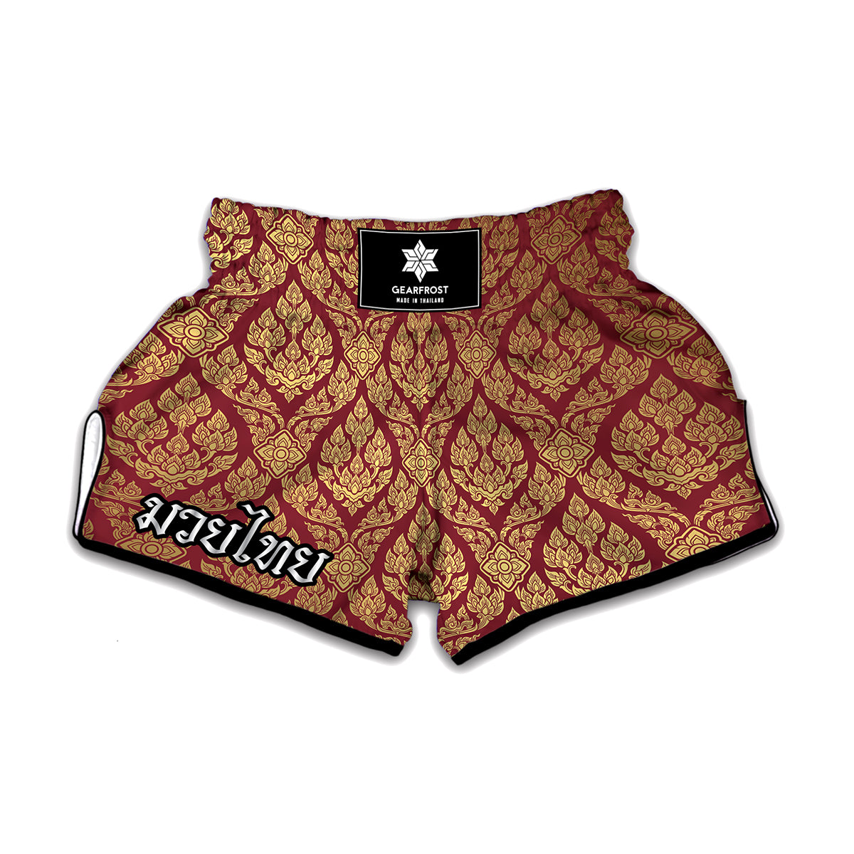 Gold And Red Thai Pattern Print Muay Thai Boxing Shorts