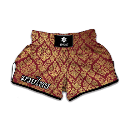 Gold And Red Thai Pattern Print Muay Thai Boxing Shorts