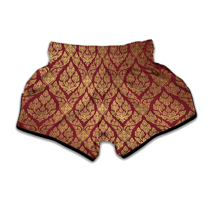 Gold And Red Thai Pattern Print Muay Thai Boxing Shorts