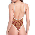Gold And Red Thai Pattern Print One Piece High Cut Swimsuit