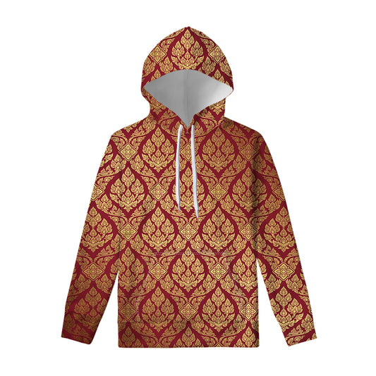 Gold And Red Thai Pattern Print Pullover Hoodie