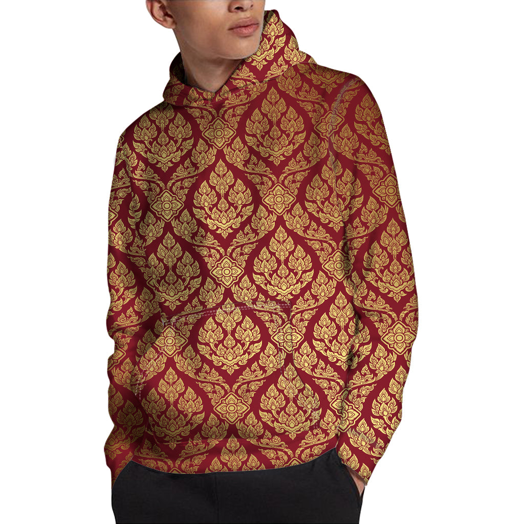 Gold And Red Thai Pattern Print Pullover Hoodie
