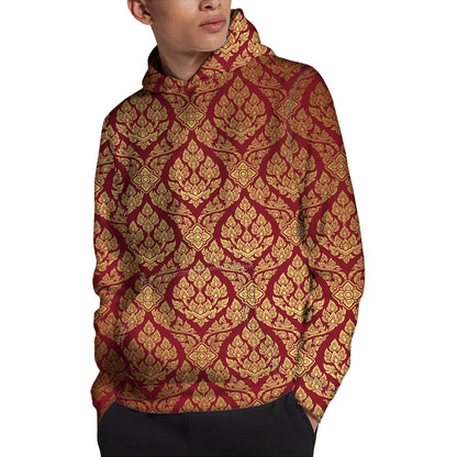 Gold And Red Thai Pattern Print Pullover Hoodie