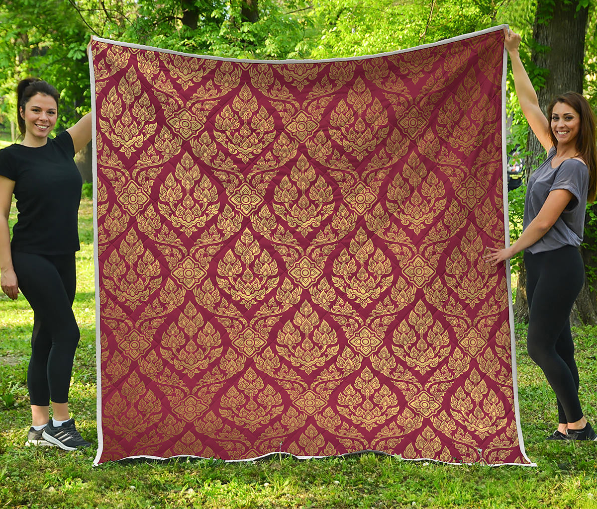 Gold And Red Thai Pattern Print Quilt