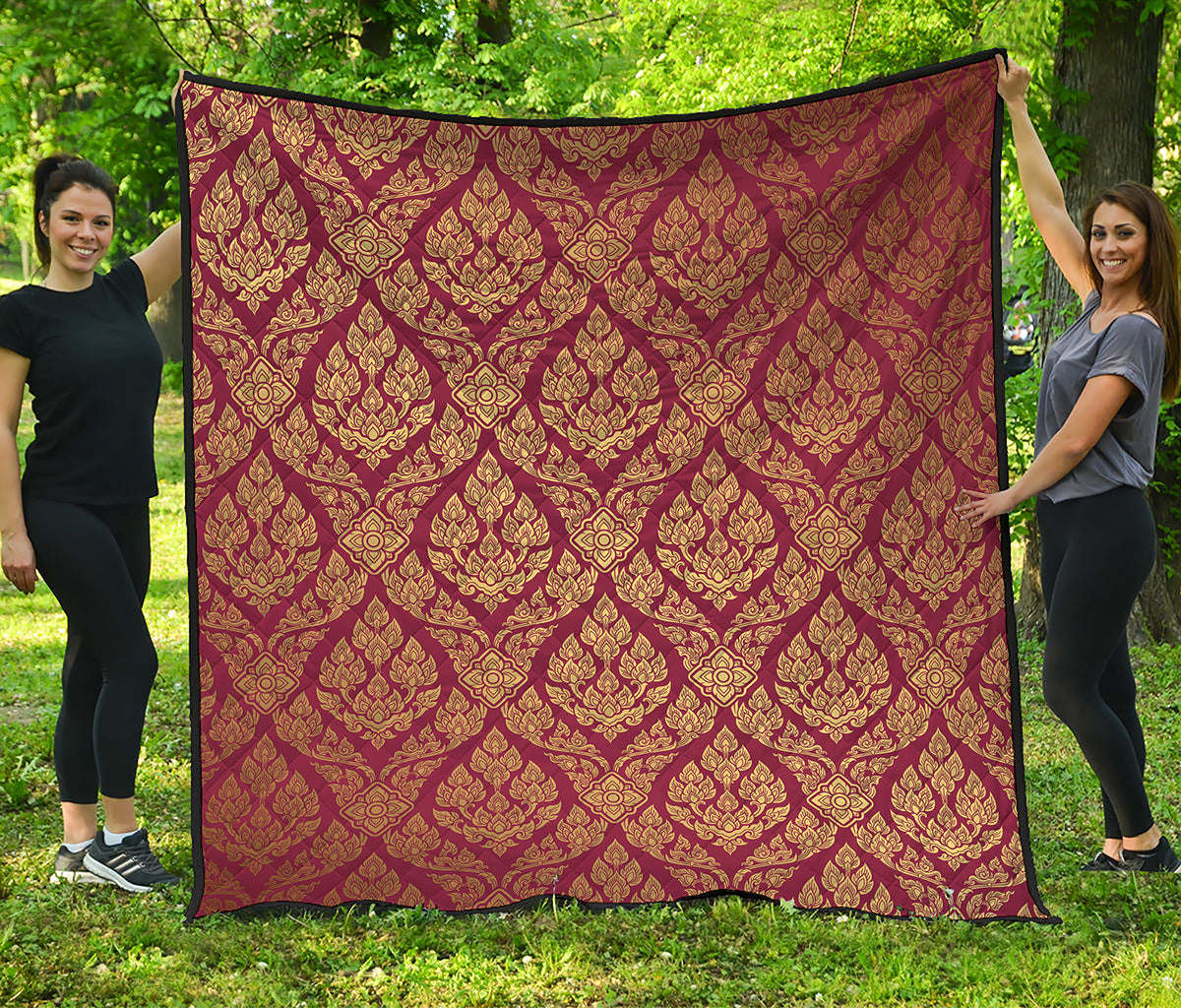 Gold And Red Thai Pattern Print Quilt