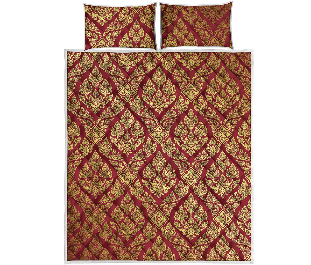 Gold And Red Thai Pattern Print Quilt Bed Set