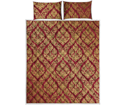 Gold And Red Thai Pattern Print Quilt Bed Set