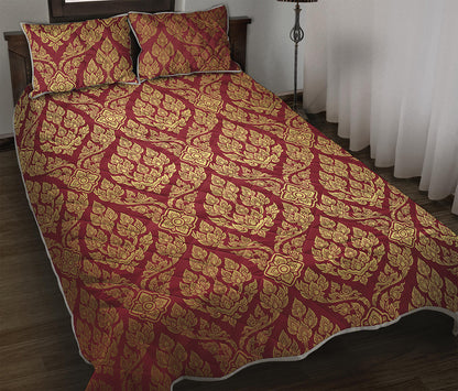 Gold And Red Thai Pattern Print Quilt Bed Set
