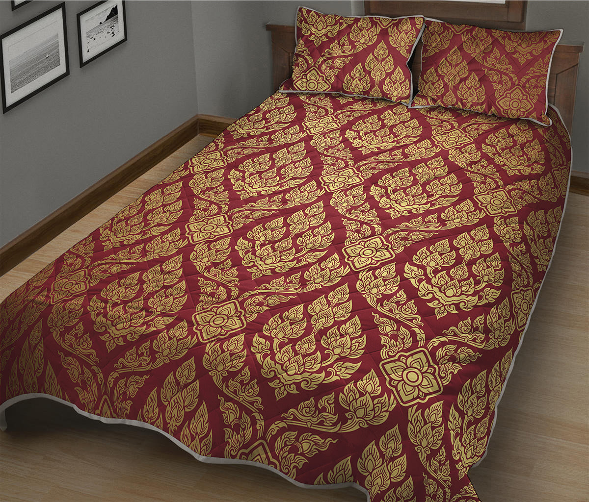 Gold And Red Thai Pattern Print Quilt Bed Set