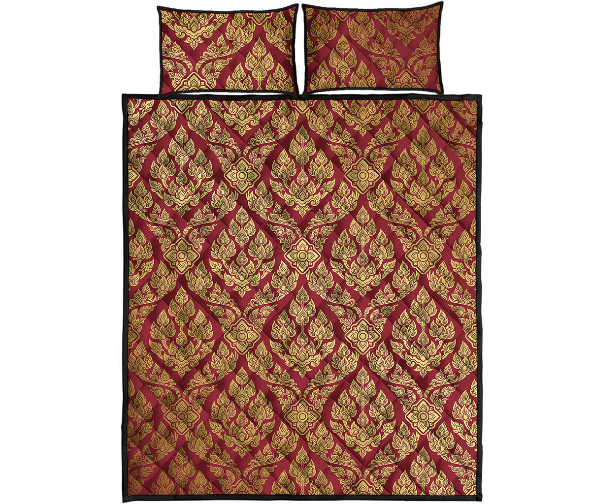 Gold And Red Thai Pattern Print Quilt Bed Set