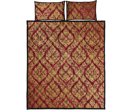 Gold And Red Thai Pattern Print Quilt Bed Set