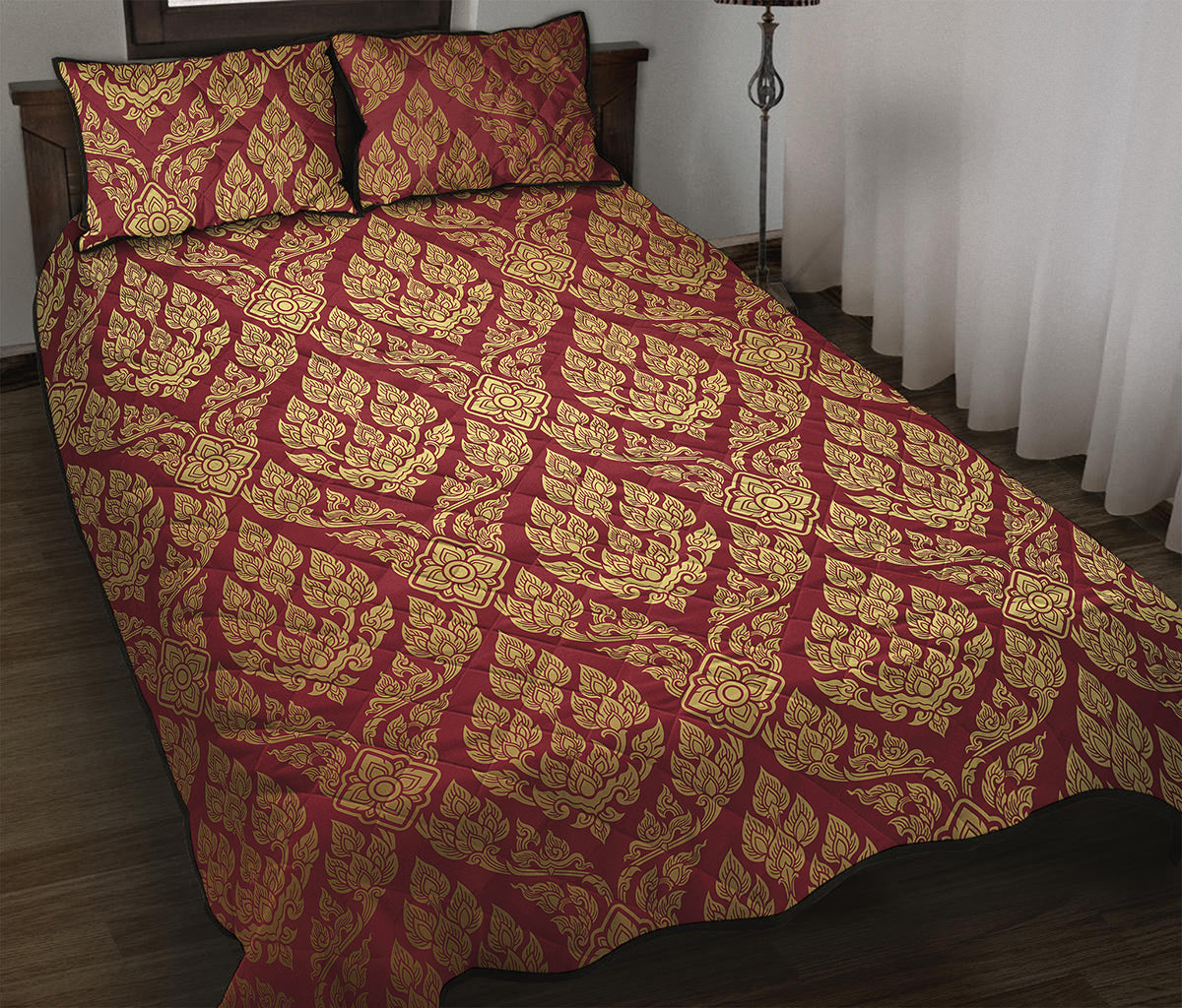 Gold And Red Thai Pattern Print Quilt Bed Set