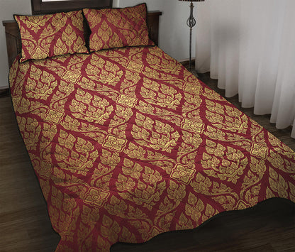 Gold And Red Thai Pattern Print Quilt Bed Set