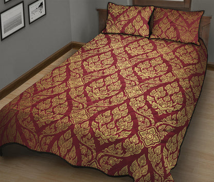 Gold And Red Thai Pattern Print Quilt Bed Set