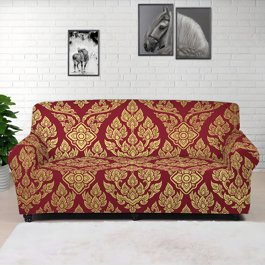 Gold And Red Thai Pattern Print Sofa Cover
