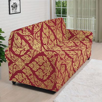 Gold And Red Thai Pattern Print Sofa Cover