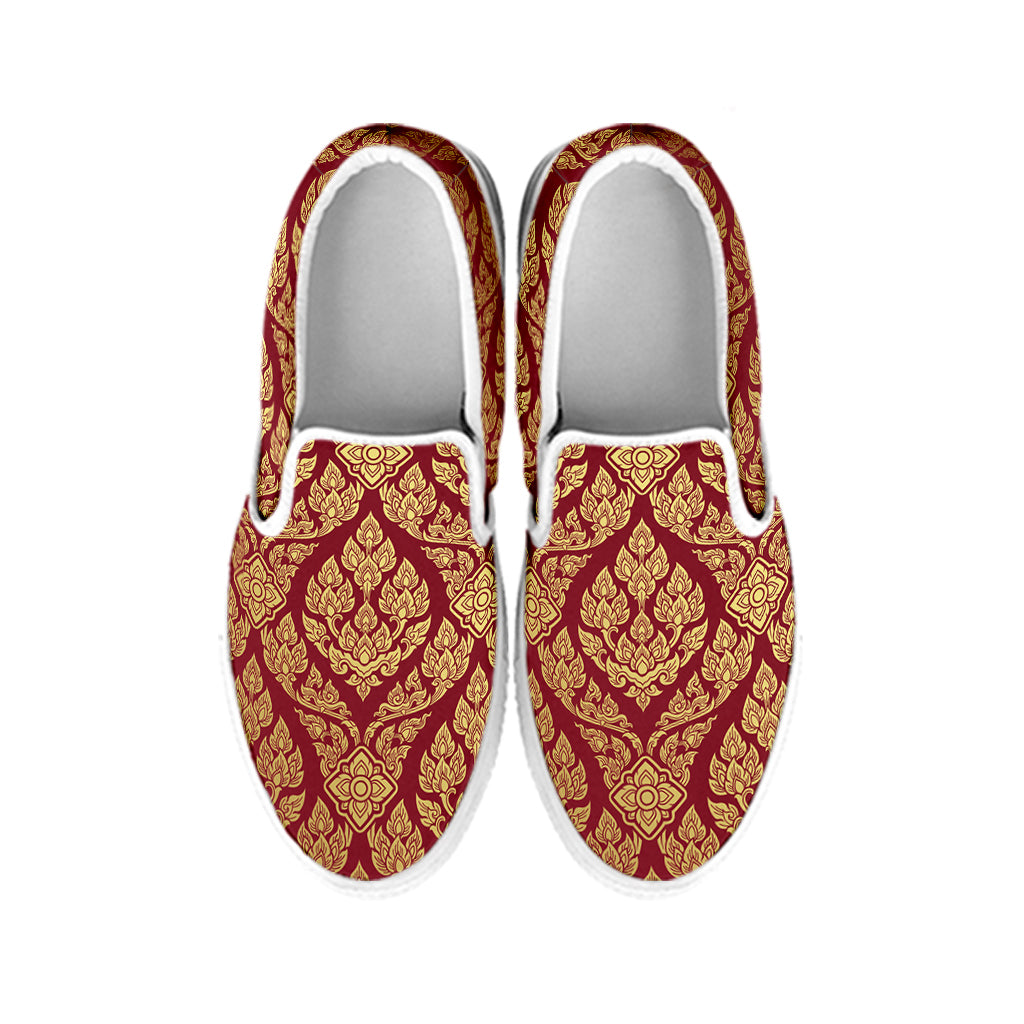 Gold And Red Thai Pattern Print White Slip On Shoes