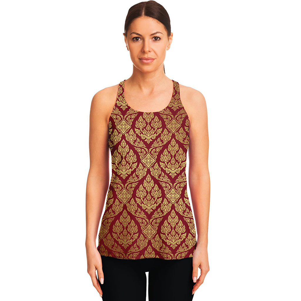 Gold And Red Thai Pattern Print Women's Racerback Tank Top
