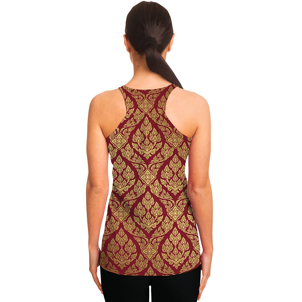 Gold And Red Thai Pattern Print Women's Racerback Tank Top