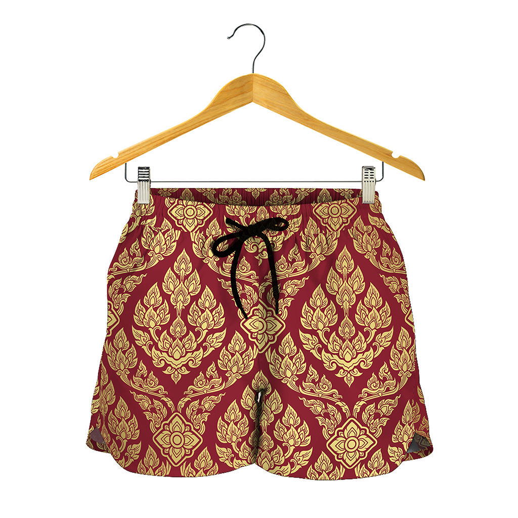 Gold And Red Thai Pattern Print Women's Shorts