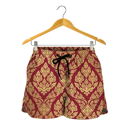 Gold And Red Thai Pattern Print Women's Shorts
