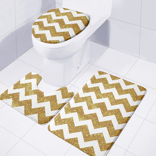 Gold And White Chevron Pattern Print 3 Piece Bath Mat Set