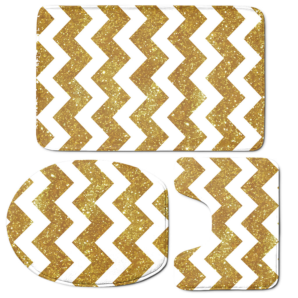 Gold And White Chevron Pattern Print 3 Piece Bath Mat Set