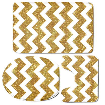 Gold And White Chevron Pattern Print 3 Piece Bath Mat Set