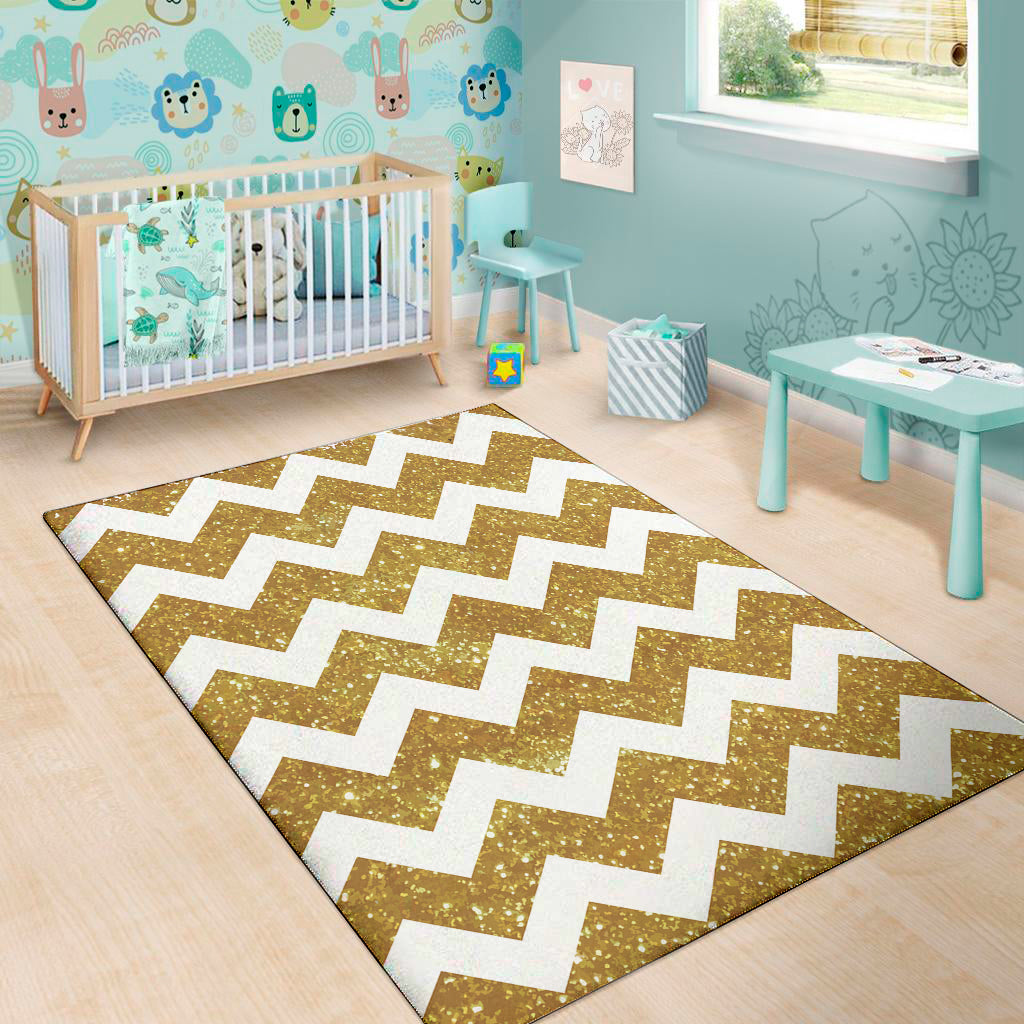 Gold And White Chevron Pattern Print Area Rug