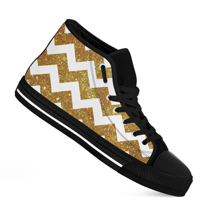 Gold And White Chevron Pattern Print Black High Top Shoes
