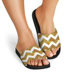 Gold And White Chevron Pattern Print Black Slide Sandals
