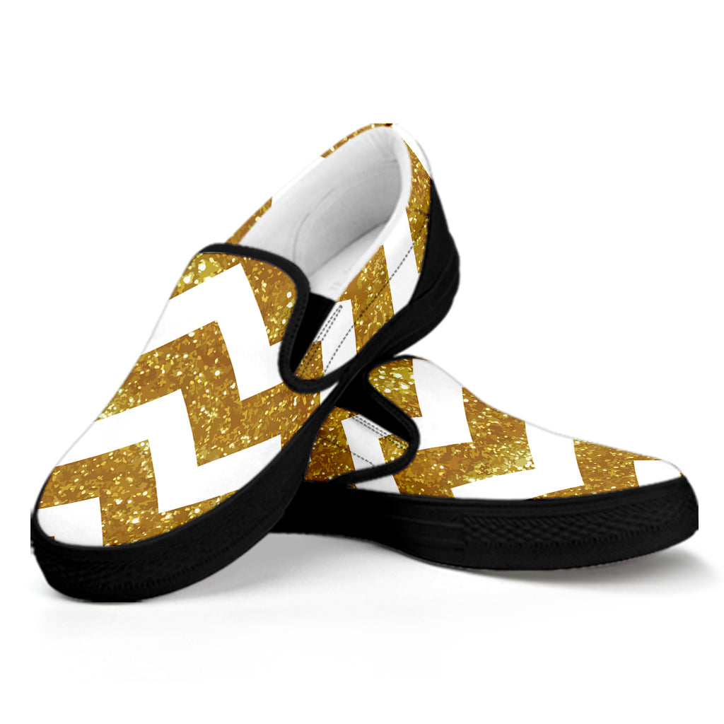 Gold And White Chevron Pattern Print Black Slip On Shoes