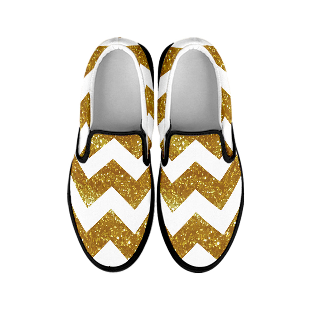 Gold And White Chevron Pattern Print Black Slip On Shoes